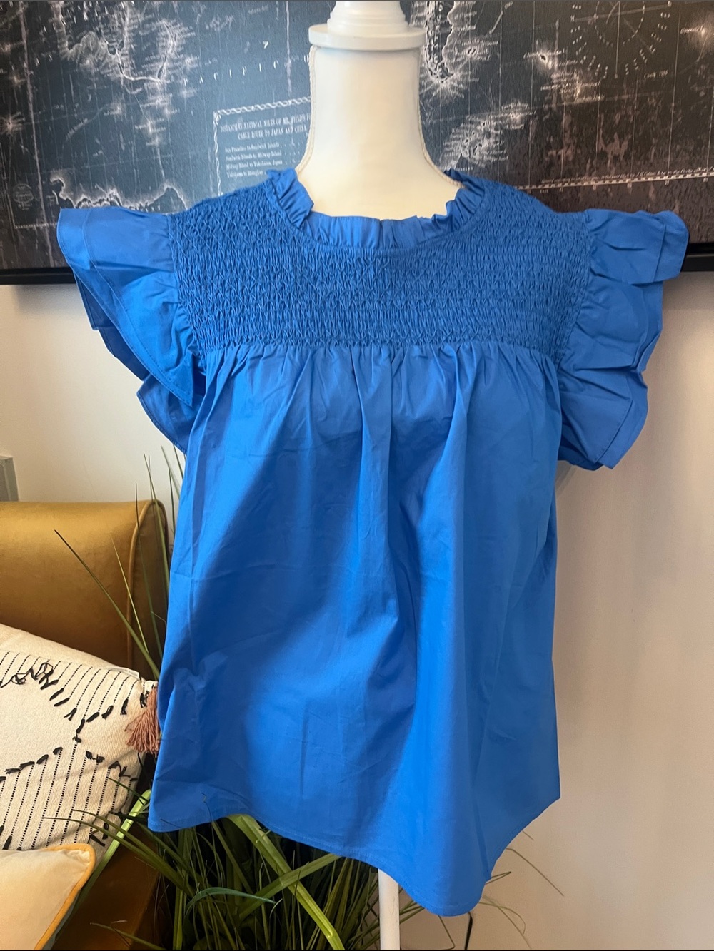 Classic Royal Blue Smocked Flutter-Sleeve Blouse
